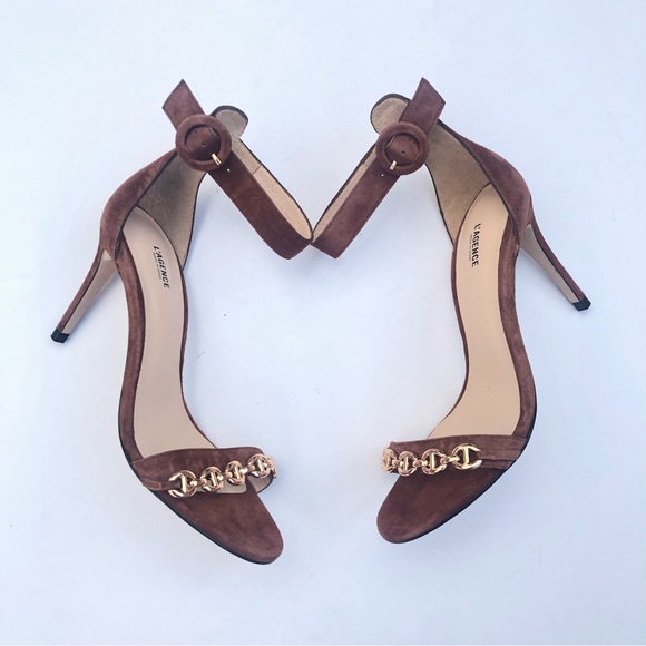 L'AGENCE Brown Heels with Gold Chain Detail - Picture 3 of 9